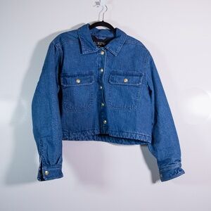 J. Crew Women's Cropped Denim Cotton Puffer Quilted Lining Jean Jacket Blue L